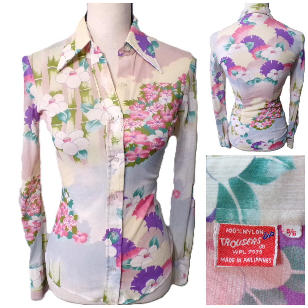 Vtg 70's Sheer Floral Blouse XS Crinkle Fairy Boho Festival Hippie Mod Asian Y2k